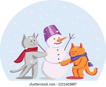 Grey and ginger cats are building a snowman.