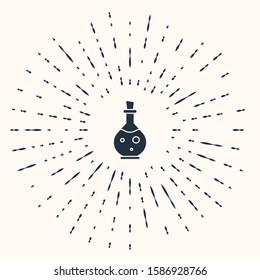 Grey Glass bottle with magic elixir icon isolated on beige background. Computer game asset. Abstract circle random dots. Vector Illustration