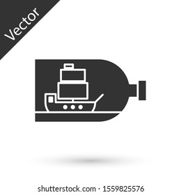 Grey Glass bottle with ship inside icon isolated on white background. Miniature model of marine vessel. Hobby and sea theme.  Vector Illustration
