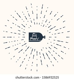 Grey Glass bottle with ship inside icon isolated on beige background. Miniature model of marine vessel. Hobby and sea theme. Abstract circle random dots. Vector Illustration