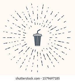 Grey Glass with water icon isolated on beige background. Soda drink glass with drinking straw. Fresh cold beverage symbol. Abstract circle random dots. Vector Illustration