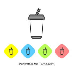 Grey Glass with water line icon isolated on white background. Soda drink glass with drinking straw. Fresh cold beverage symbol. Set icon in color rhombus buttons. Vector Illustration