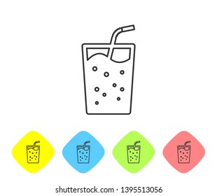 Grey Glass with water line icon isolated on white background. Soda drink glass with drinking straw. Fresh cold beverage symbol. Set icon in color rhombus buttons. Vector Illustration