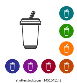 Grey Glass with water line icon isolated on white background. Soda drink glass with drinking straw. Fresh cold beverage symbol. Set icon in color circle buttons. Vector Illustration