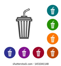 Grey Glass with water line icon isolated on white background. Soda drink glass with drinking straw. Fresh cold beverage symbol. Set icon in color circle buttons. Vector Illustration