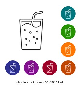 Grey Glass with water line icon isolated on white background. Soda drink glass with drinking straw. Fresh cold beverage symbol. Set icon in color circle buttons. Vector Illustration