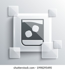 Grey Glass of whiskey and ice cubes icon isolated on grey background. Square glass panels. Vector Illustration