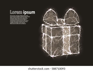 Grey glitter image of a gift formed by lightnings. Vector illustration