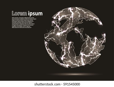 Grey glittering image of a planet Earth formed by lightnings. Vector illustration