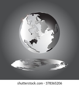 Grey globe with the continents in the air. The shadow of the floating globe. Two glares on the globe.
