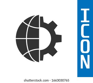 Grey Globe of the Earth and gear or cog icon isolated on white background. Setting parameters. Global Options.  Vector Illustration