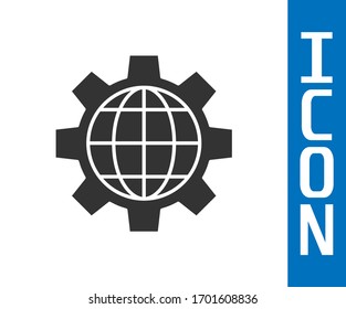 Grey Globe of the Earth and gear or cog icon isolated on white background. Setting parameters. Global Options.  Vector Illustration