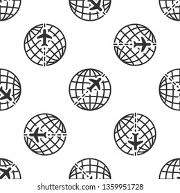 Grey Globe with flying plane icon isolated seamless pattern on white background. Airplane fly around the planet earth. Aircraft world icon. Vector Illustration