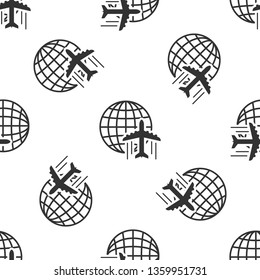 Grey Globe with flying plane icon isolated seamless pattern on white background. Airplane fly around the planet earth. Aircraft world icon. Vector Illustration