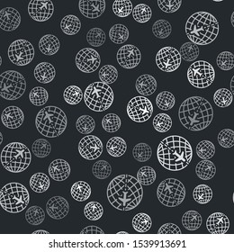 Grey Globe with flying plane icon isolated seamless pattern on black background. Airplane fly around the planet earth. Aircraft world icon.  Vector Illustration