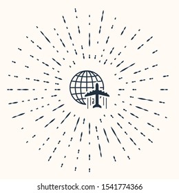 Grey Globe with flying plane icon isolated on beige background. Airplane fly around the planet earth. Aircraft world icon. Abstract circle random dots. Vector Illustration