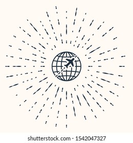 Grey Globe with flying plane icon isolated on beige background. Airplane fly around the planet earth. Aircraft world icon. Abstract circle random dots. Vector Illustration