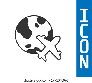 Grey Globe with flying plane icon isolated on white background. Airplane fly around the planet earth. Aircraft world icon.  Vector