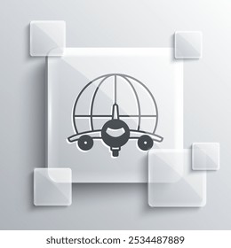 Grey Globe with flying plane icon isolated on grey background. Airplane fly around the planet earth. Aircraft world icon. Square glass panels. Vector
