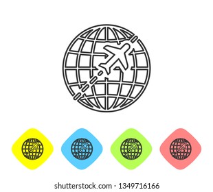 Grey Globe with flying plane line icon isolated on white background. Airplane fly around the planet earth. Aircraft world icon. Set icon in color rhombus buttons. Vector Illustration