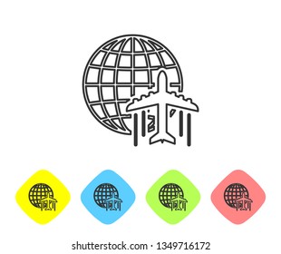 Grey Globe with flying plane line icon isolated on white background. Airplane fly around the planet earth. Aircraft world icon. Set icon in color rhombus buttons. Vector Illustration