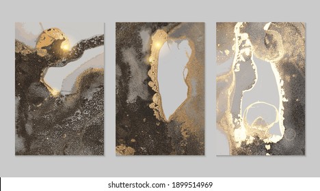 Grey and gold pattern with texture of marble and sparkles. Abstract vector background in alcohol ink technique. Modern paint with glitter. Set of templates for banner, poster design. Fluid art