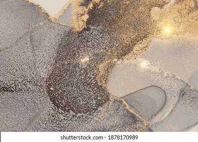 Grey and gold stone marble texture. Alcohol ink technique abstract vector background. Modern paint with glitter. Template for banner, poster design. Fluid art painting