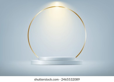 Grey and gold studio room background. grey background vector 3d with podium. Empty room with Spotlight effect. Space for selling products on the website. Business backdrop. Vector illustration.