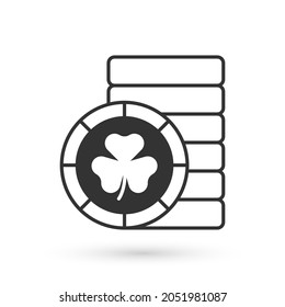 Grey Golden leprechaun coin with clover trefoil leaf icon isolated on white background. Happy Saint Patricks day. National Irish holiday.  Vector