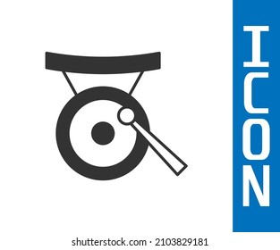 Grey Gong musical percussion instrument circular metal disc and hammer icon isolated on white background.  Vector