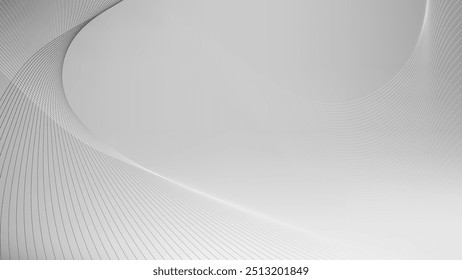 Gradiente de cinza e onda de linha abstrata bg. 3d padrão digital suave ondulado mínimo. Fundo de partícula dinâmica neutro de prata branca. Plano de fundo de estúdio de fluxo de dados moderno. Banner de rede geométrica cinza