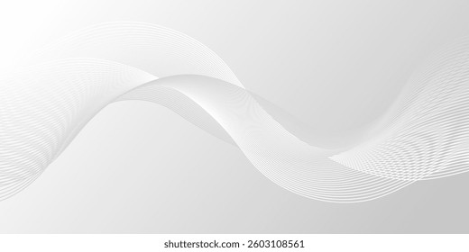 Grey gradient background with line waves. Minimal smooth elegant grey backdrop. Abstract motion wavy lines, dynamic design for banner, ads, poster, cover, social media. 