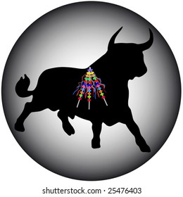 grey gradient colored circle with a black bull and colorful banderillas