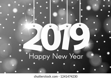 Grey gradient Happy New Year 2019 greeting card concept with paper cuted white numbers on ropes on snowing blurred background. Vector illustration