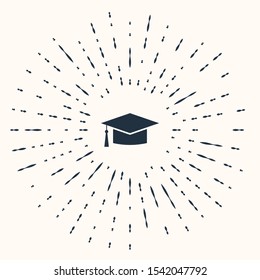 Grey Graduation cap icon isolated on beige background. Graduation hat with tassel icon. Abstract circle random dots. Vector Illustration