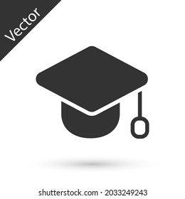 Icono del tapón de graduación gris aislado en fondo blanco. Sombrero de graduación con icono de tacón.  Vector