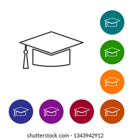 Grey Graduation cap line icon isolated on white background. Graduation hat with tassel icon. Vector Illustration