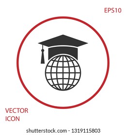Grey Graduation cap on globe icon isolated on white background. World education symbol. Online learning or e-learning concept. Red circle button. Vector Illustration