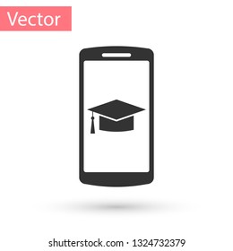 Grey Graduation cap on screen smartphone icon isolated on white background. Online learning or e-learning concept. Vector Illustration