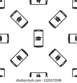 Grey Graduation cap on screen smartphone icon isolated seamless pattern on white background. Online learning or e-learning concept. Vector Illustration