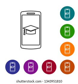 Grey Graduation cap on screen smartphone line icon isolated on white background. Online learning or e-learning concept. Vector Illustration