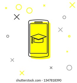 Grey Graduation cap on screen smartphone line icon isolated on white background. Online learning or e-learning concept. Vector Illustration