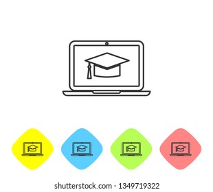 Grey Graduation cap on screen laptop line icon isolated on white background. Online learning or e-learning concept. Set icon in color rhombus buttons. Vector Illustration