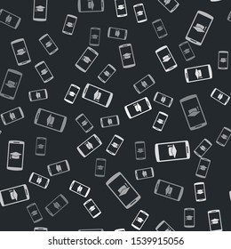 Grey Graduation cap on screen smartphone icon isolated seamless pattern on black background. Online learning or e-learning concept.  Vector Illustration