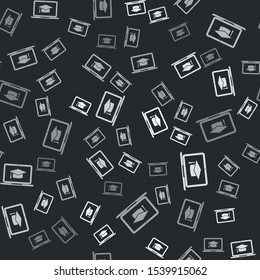 Grey Graduation cap on screen laptop icon isolated seamless pattern on black background. Online learning or e-learning concept.  Vector Illustration