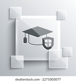 Grey Graduation cap with shield icon isolated on grey background. Insurance concept. Security, safety, protection, protect concept. Square glass panels. Vector