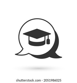Grey Graduation cap in speech bubble icon isolated on white background. Graduation hat with tassel icon.  Vector