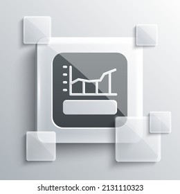 Grey Graph, schedule, chart, diagram, infographic, pie graph icon isolated on grey background. Square glass panels. Vector