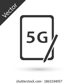 Grey Graphic tablet with 5G wireless internet wifi icon isolated on white background. Global network high speed connection data rate technology. Vector.