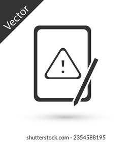 Comprimido gráfico gris con icono de signo de exclamación aislado en fondo blanco. Aviso de alerta por teléfono inteligente.  Vector